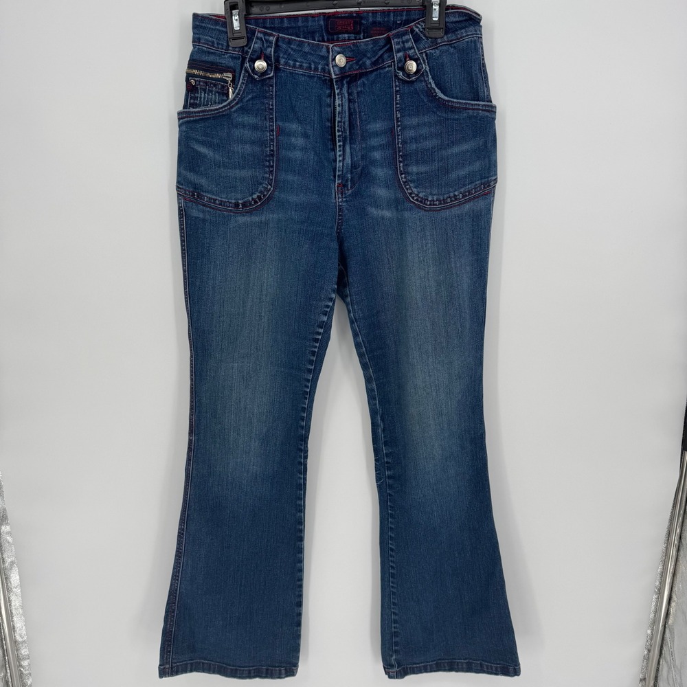 CREST JEANS Women's Flared Denim Jeans Red Stitching Zipper Pockets Size 13/14